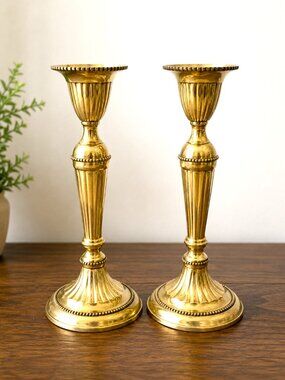 Vintage Art Ware Brass Candlestick Holders India Ornate Pair 9.25"